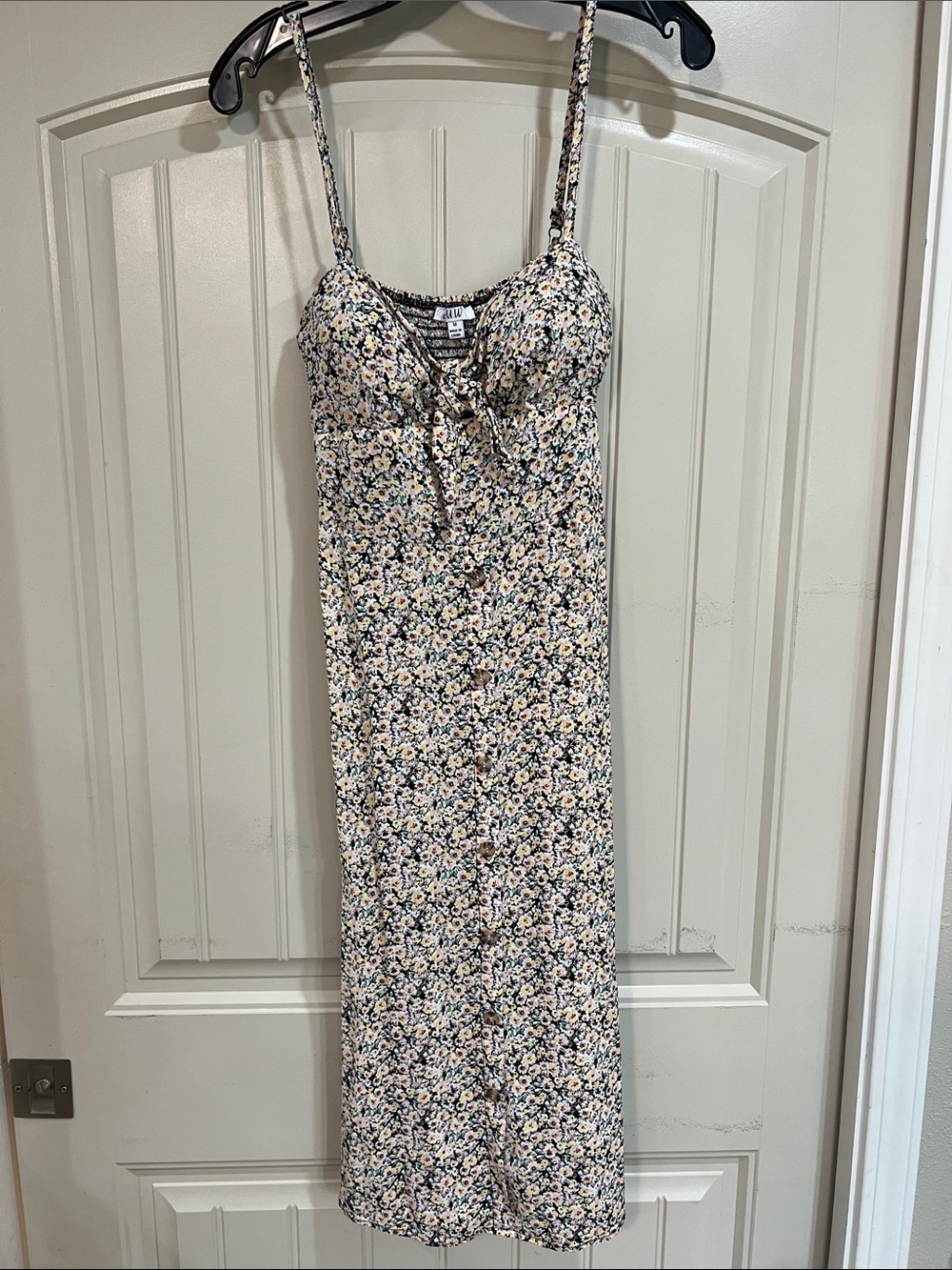 AUW Cream Floral Midi Slip Dress with Navy & Yellow Accents